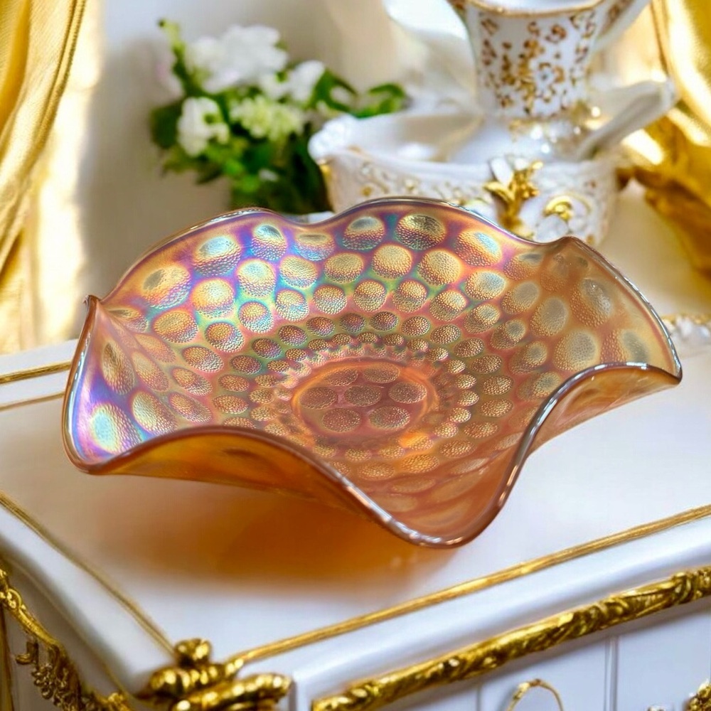 Vintage Fenton Carnival Glass Ruffled Coin Dot Marigold Amber Bowl Fluted Dish